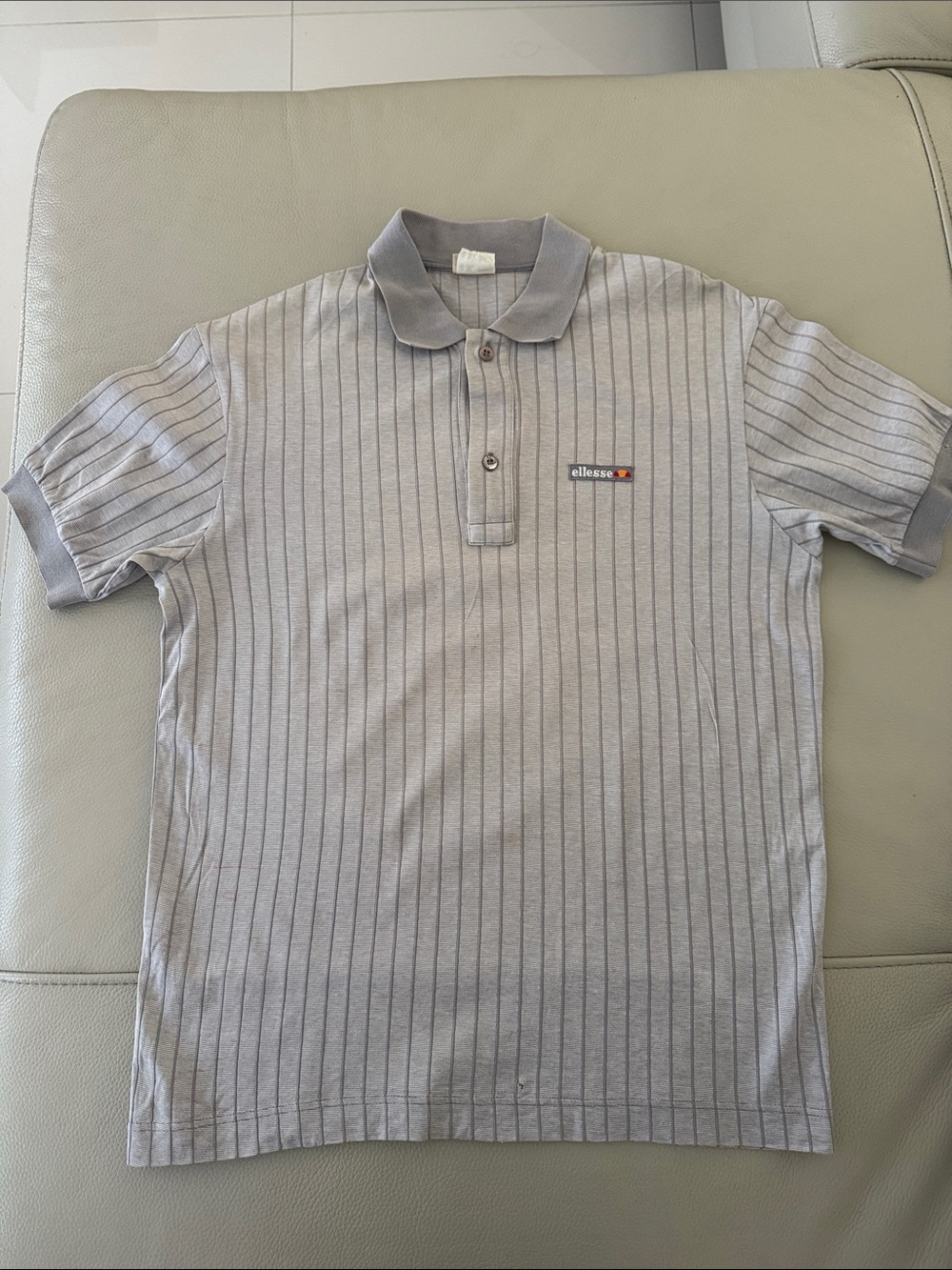 Vintage Ellesse Men’s Light Gray Pinstripe Polo with Logo
